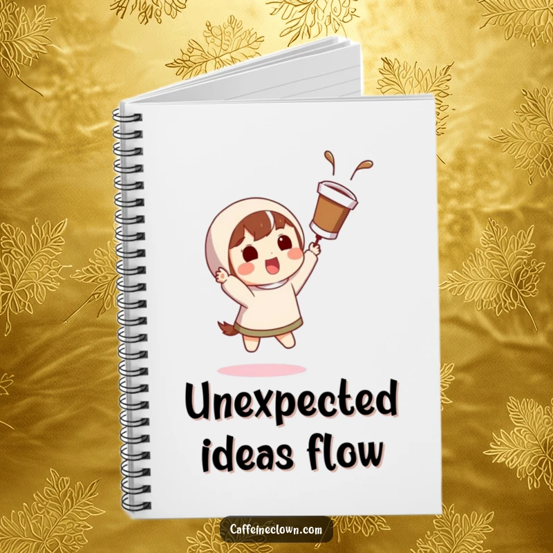 Funny notebook with a character catching a flying coffee cup with a surprised grin, inspiring creative writing.