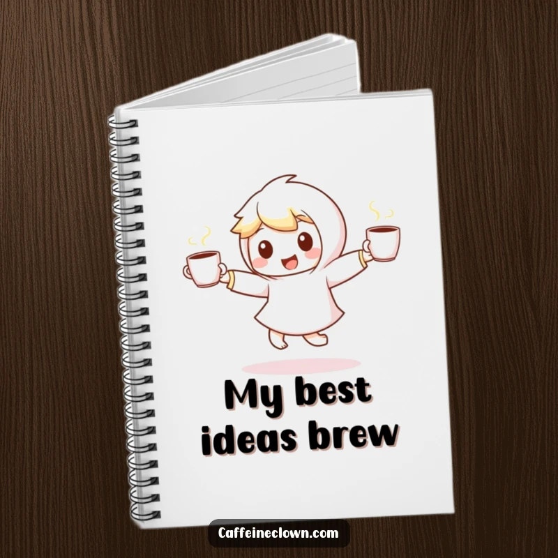 Funny notebook featuring a small, energetic character dancing with two steaming coffee cups, inspiring creative thoughts and coffee breaks.