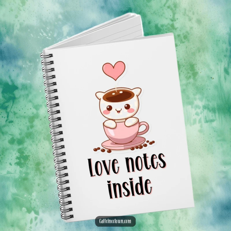 Funny Notebook with coffee steam forming a heart shape, ideal for journaling about love and coffee.