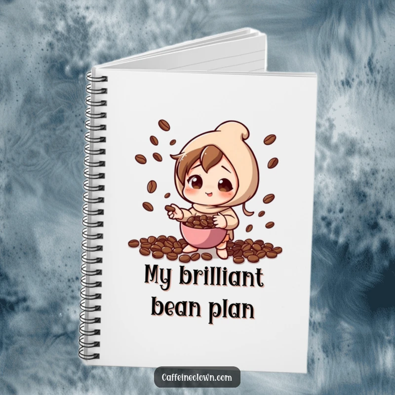 Funny notebook cover featuring a character playfully concentrating while juggling coffee beans, perfect for jotting down notes with skill and humor.