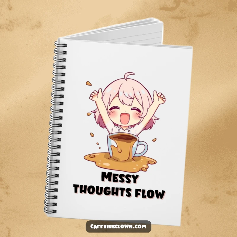 Funny notebook with a character happily spilling coffee with flailing arms, inspiring creativity with a humorous, chaotic coffee theme.