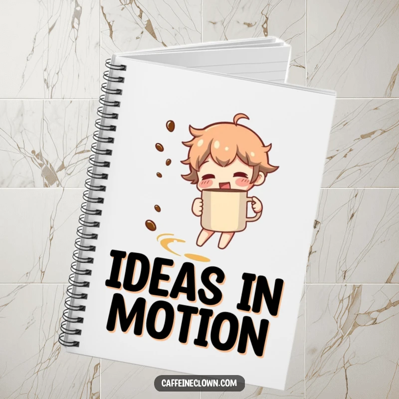 Funny notebook with a character spinning with a coffee mug, leaving a trail of coffee aroma, perfect for journaling.