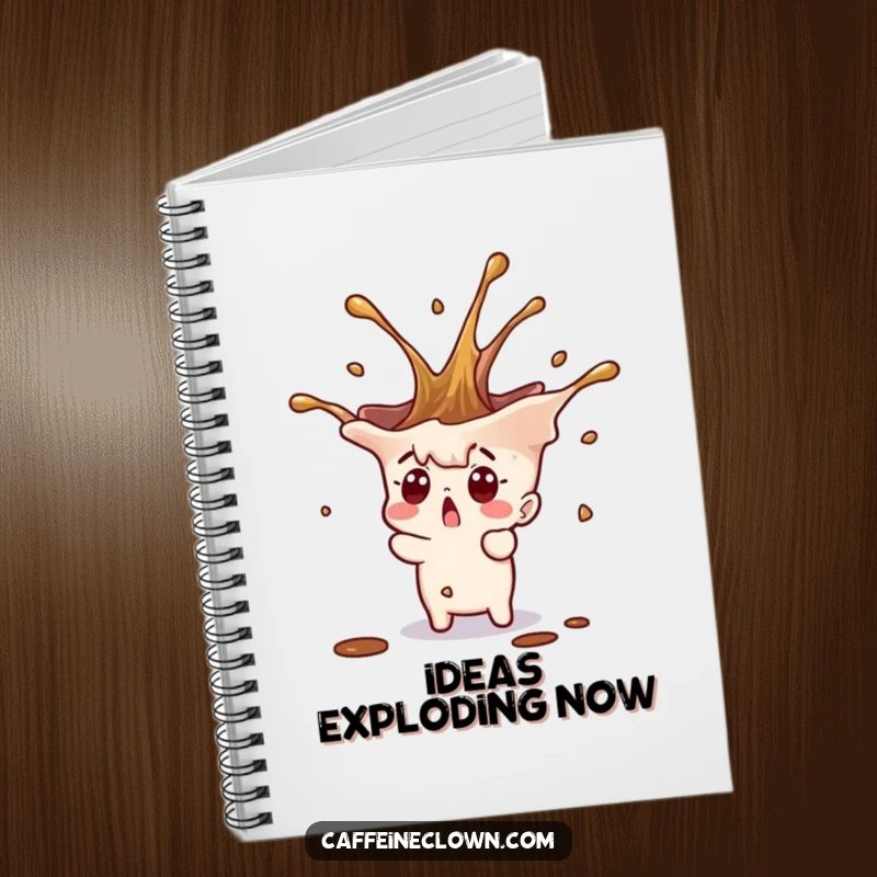 Funny tiny character with a surprised expression and a coffee splash erupting upwards, on the cover of a notebook.