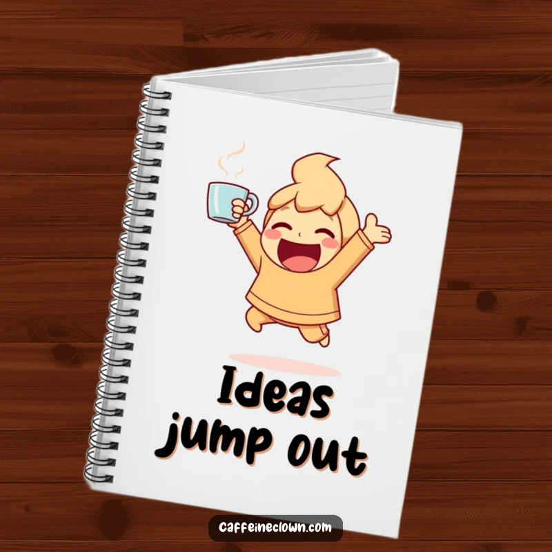Funny Notebook with an ecstatic character bouncing with energy, holding a steaming coffee cup, for writing notes.