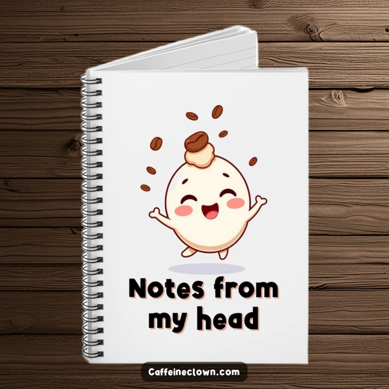 Funny notebook with a giggling character bouncing with a coffee bean playfully bouncing on its head, ideal for note-taking.