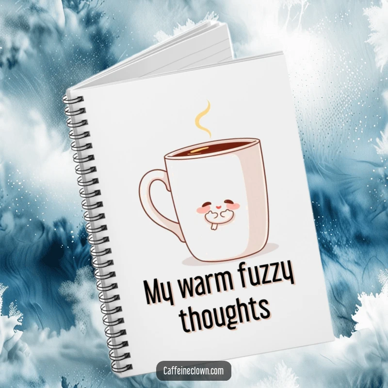 Funny notebook featuring a sweet character hugging a giant coffee mug, designed for journaling thoughts and ideas with a cozy, humorous touch.