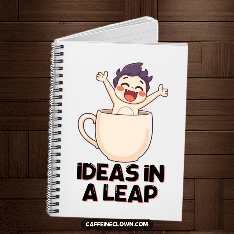 Funny notebook cover with a character leaping out of a coffee mug, perfect for capturing thoughts and creative ideas with humor.