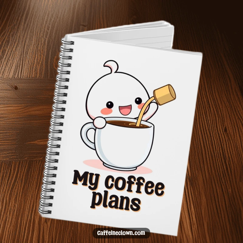 Funny Notebook: Kawaii character gleefully pouring coffee into a gigantic cup, inspiring creativity with every page.