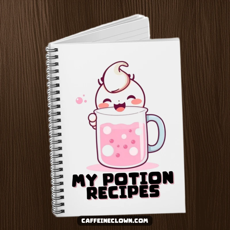 Funny notebook cover with a kawaii character joyfully mixing bubbling liquids in a large mug, inspiring creative note-taking.