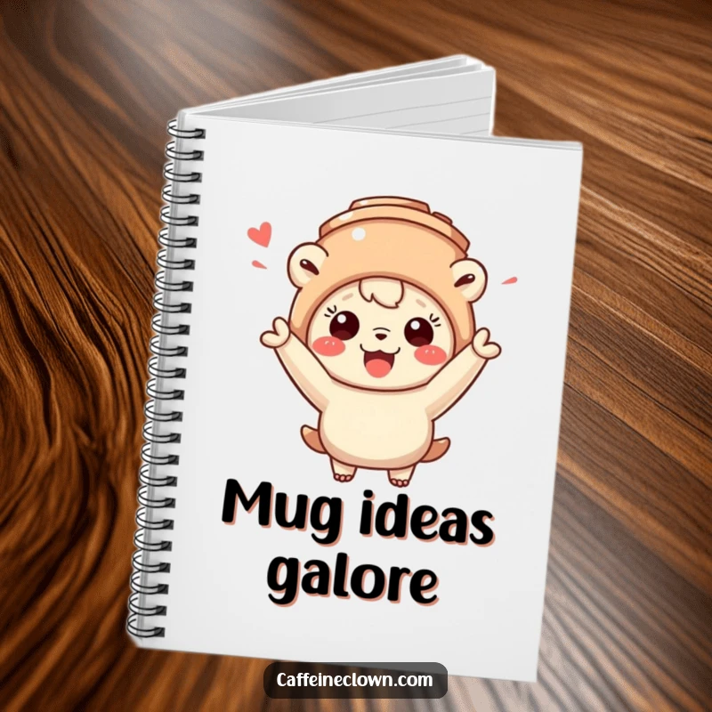 Funny notebook with a creature wearing a coffee mug hat and cheering, encouraging energetic note-taking and idea generation.