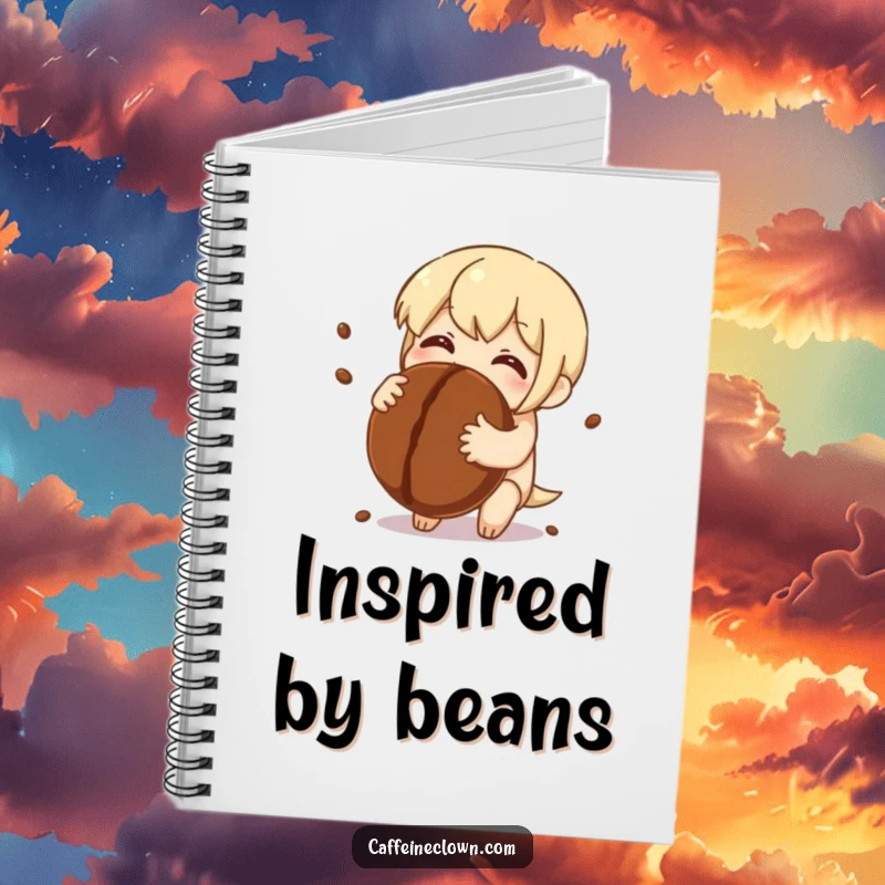 Funny Notebook: Character embraces a giant coffee bean, eyes sparkling with delight, inspiring loving coffee-related notes.