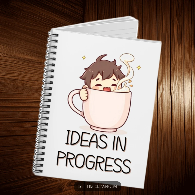 Funny Notebook: Character stirring a huge steaming coffee mug with froth flying, ready to jot down coffee-inspired thoughts.