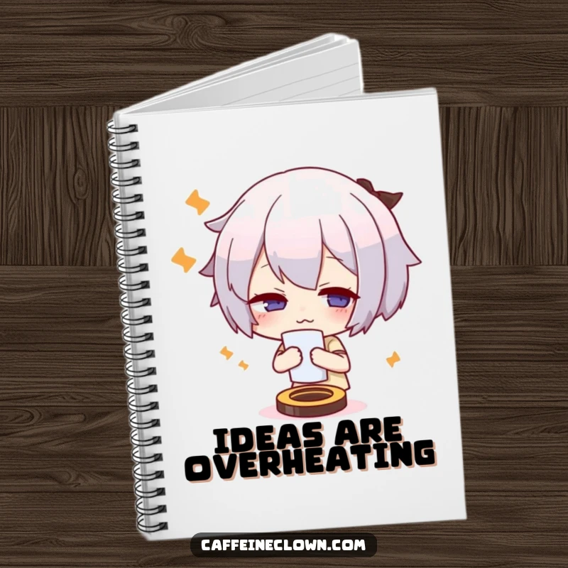 Funny notebook with a cute character fanning themself to cool down, depicting an overheated state, great for note-taking.