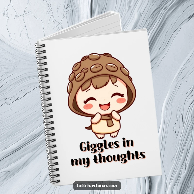 Funny notebook with a cute kawaii character wearing a coffee bean hat, giggling playfully, perfect for journaling sweet thoughts.