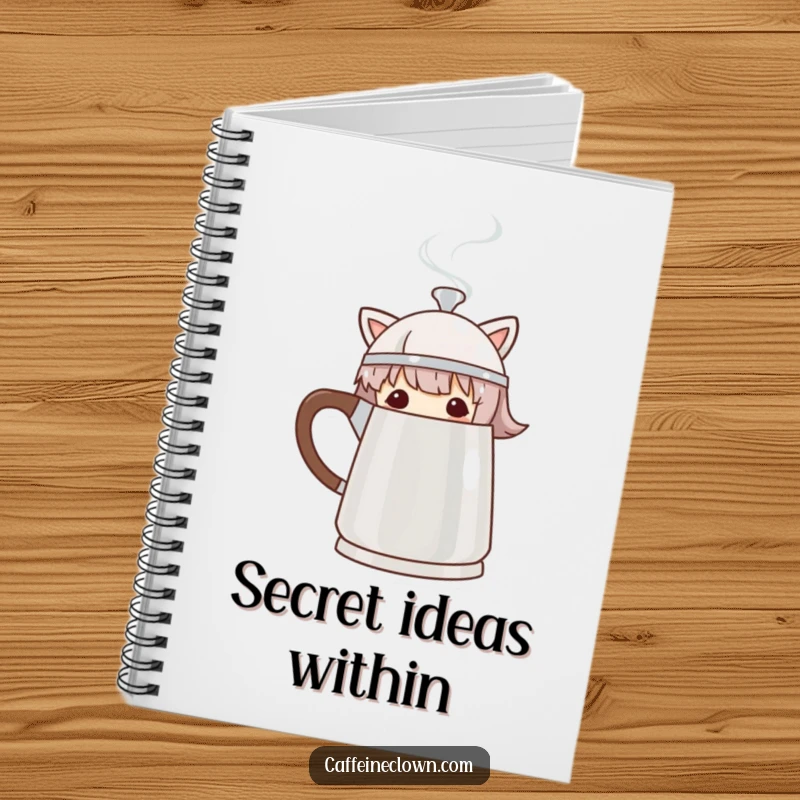 Funny Notebook with a character peeking from behind a steaming coffee pot, ideal for journaling and note-taking.