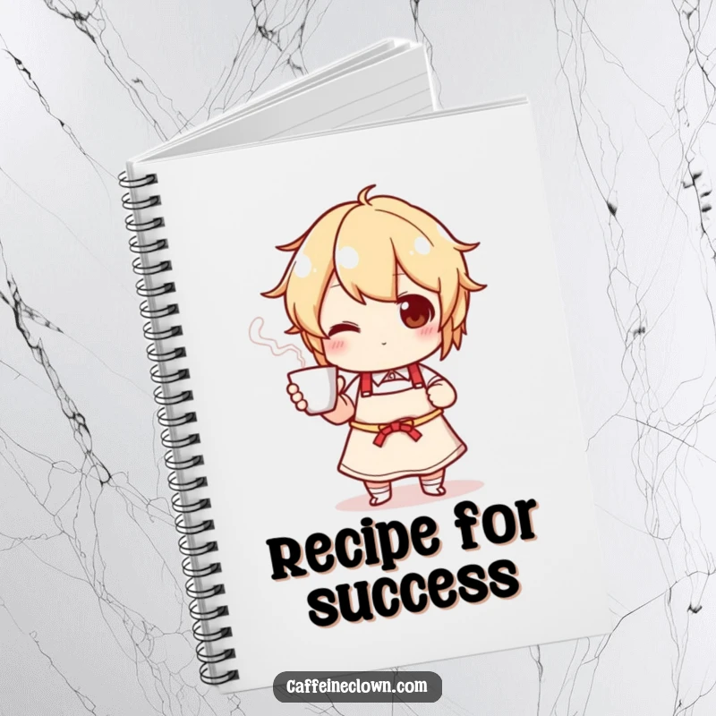 Funny notebook cover featuring a character in an apron presenting a steaming cup, perfect for writing recipes and kitchen thoughts.