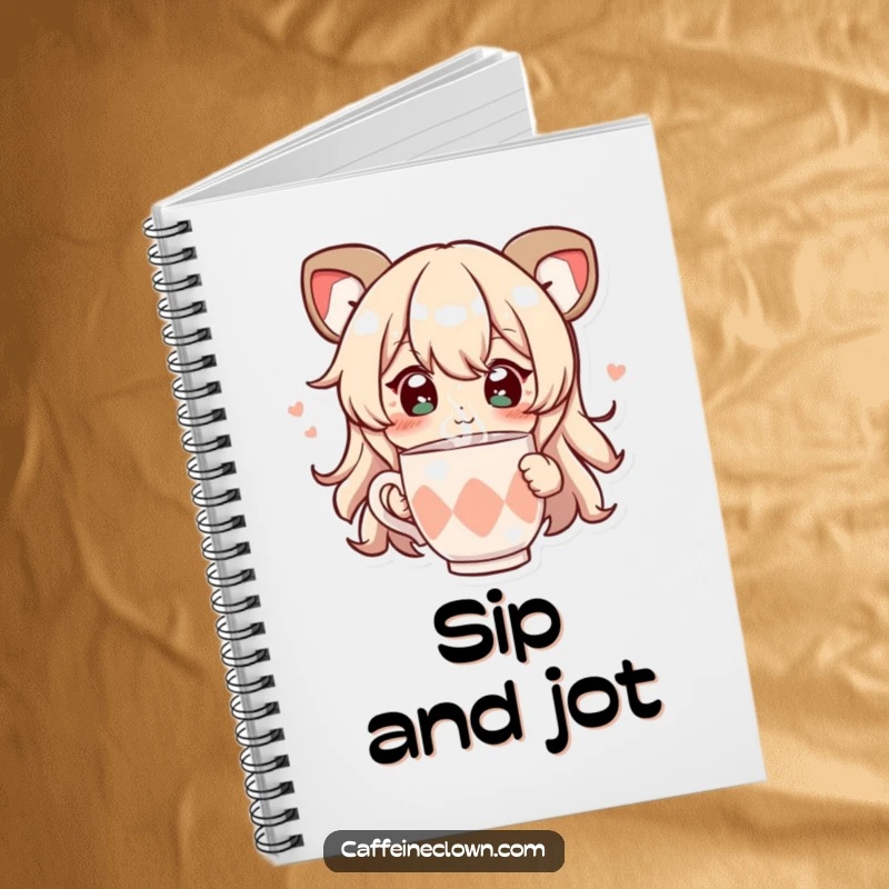 Funny notebook cover with a character whose eyes sparkle, joyfully sipping from a steaming cup, inspiring happy thoughts.