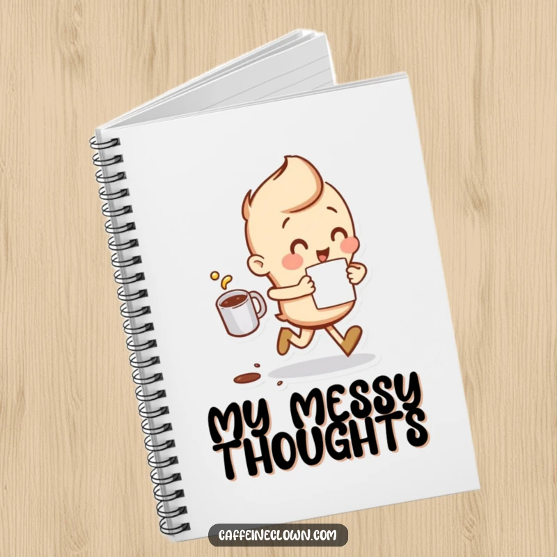 Funny Notebook with a character running with a coffee cup and a small spill, ideal for taking notes on the go.