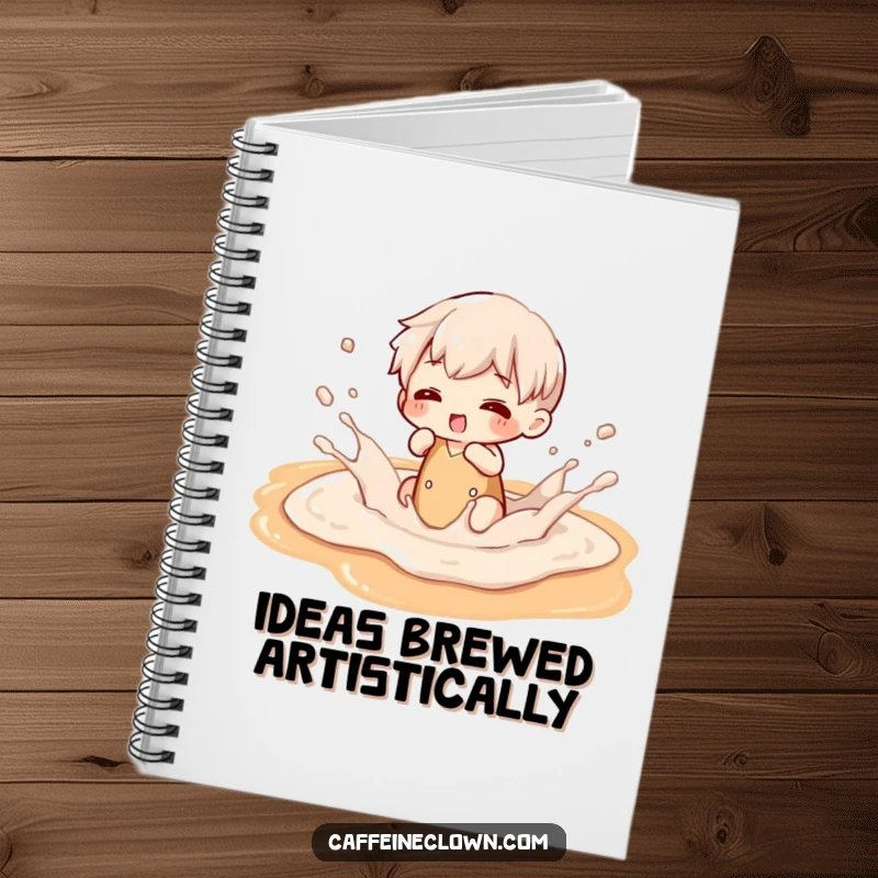 Funny notebook with a character playfully splashing in a puddle of latte art, perfect for jotting down coffee fueled thoughts.