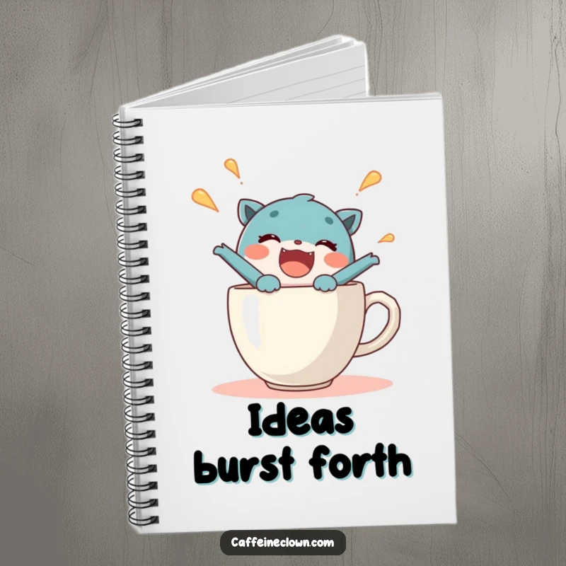 Funny notebook featuring a delighted character bursting from a steaming coffee cup, inspiring enthusiastic note-taking and coffee breaks.