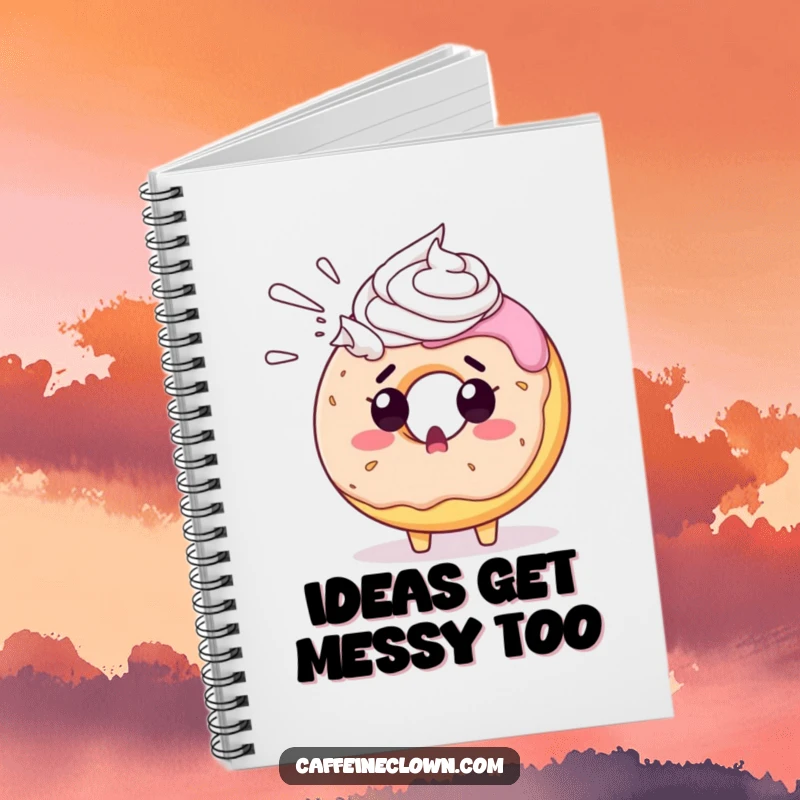 Funny donut notebook cover with a shocked donut character being sprayed with whipped cream, a humorous stationery item.