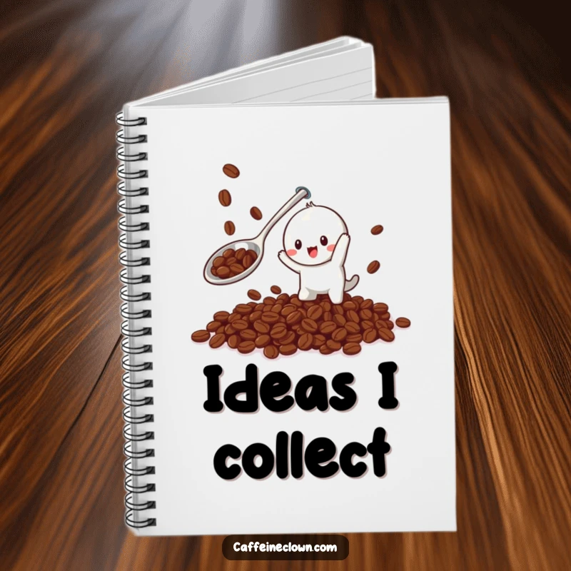 Funny notebook featuring a playful character with a giant spoon trying to catch falling coffee beans, inspiring creative note-taking.
