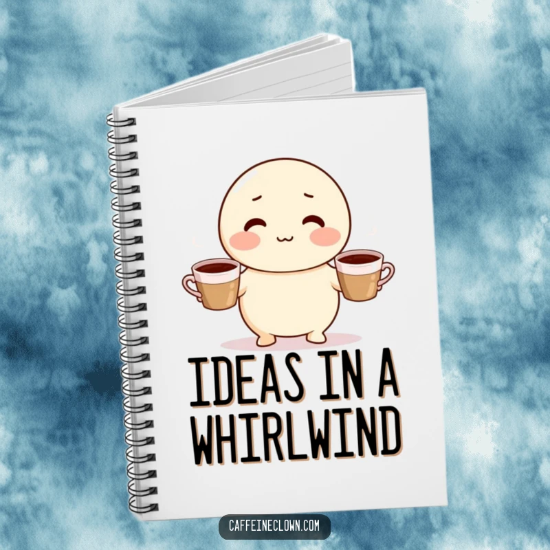 Funny notebook with a cute, round character with rosy cheeks juggling three steaming coffee cups, ideal for capturing thoughts.