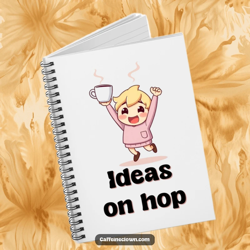 Funny Notebook: Character bounces with energy, holding a steaming coffee cup aloft, inspiring lively notes.