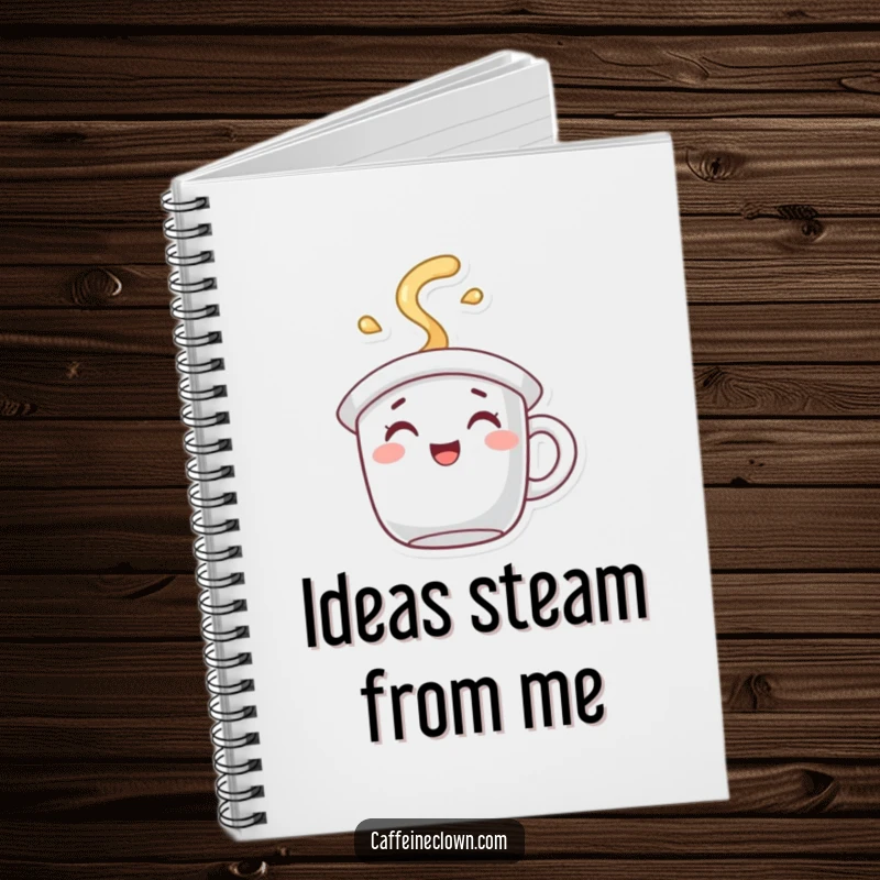 Funny Notebook with a character wearing a coffee mug hat, spilling joyful steam, for writing and drawing.