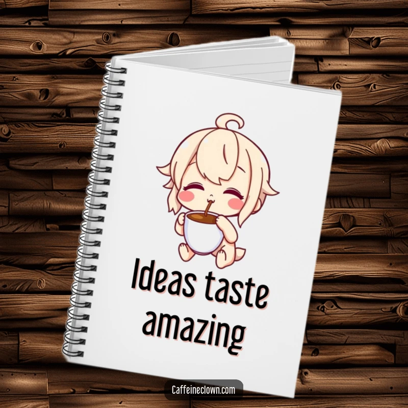 Funny notebook with a character making a delighted, puckered face tasting coffee, inspiring creativity with a humorous, flavor-appreciating theme.