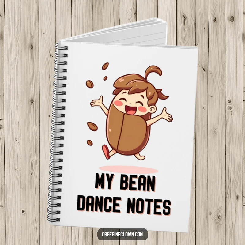 Funny notebook cover with a joyful character dancing while holding a giant coffee bean, inspiring creative thoughts.