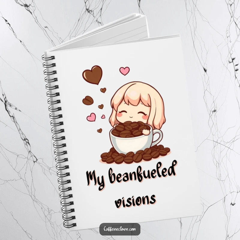 Funny notebook with a character dreaming of coffee beans and hearts, inspiring creative writing and coffee-themed notes.