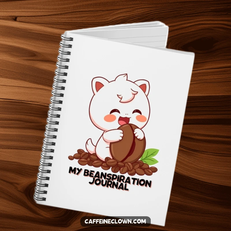 Funny Notebook with a cute character giggling while holding a coffee bean, ideal for journaling and note-taking.
