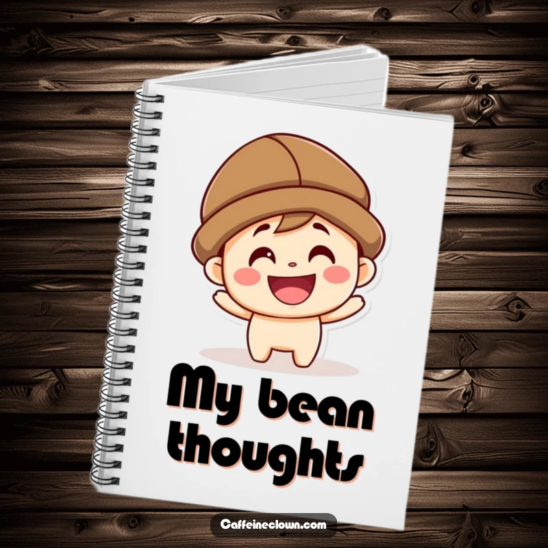 Funny kawaii character wearing a coffee bean hat, depicted with a smile on the cover of a notebook.