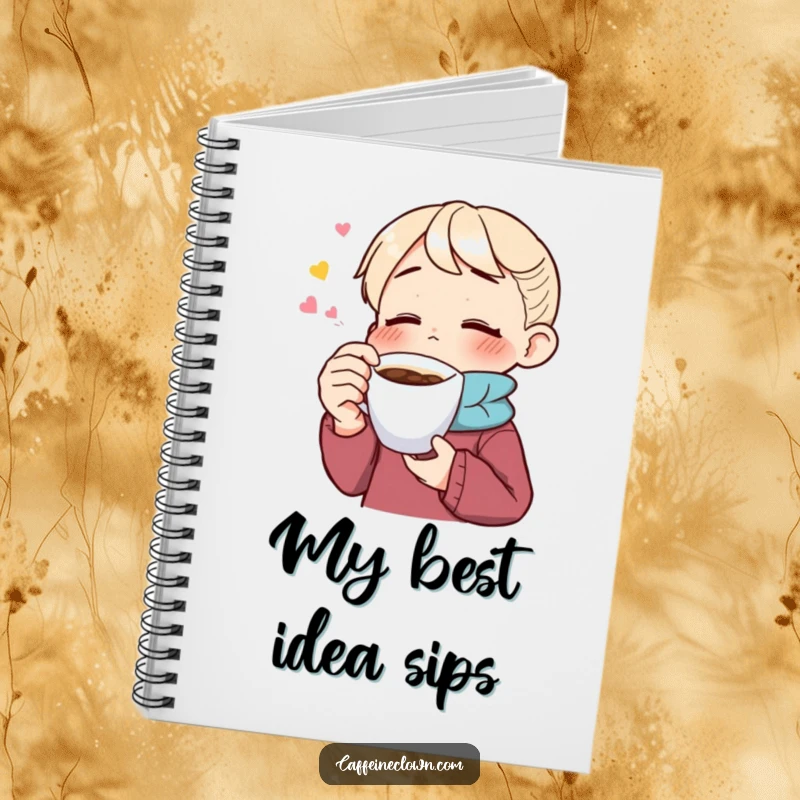 Funny notebook featuring a character savoring coffee with eyes closed, designed for capturing inspired thoughts and moments of pure creative bliss.