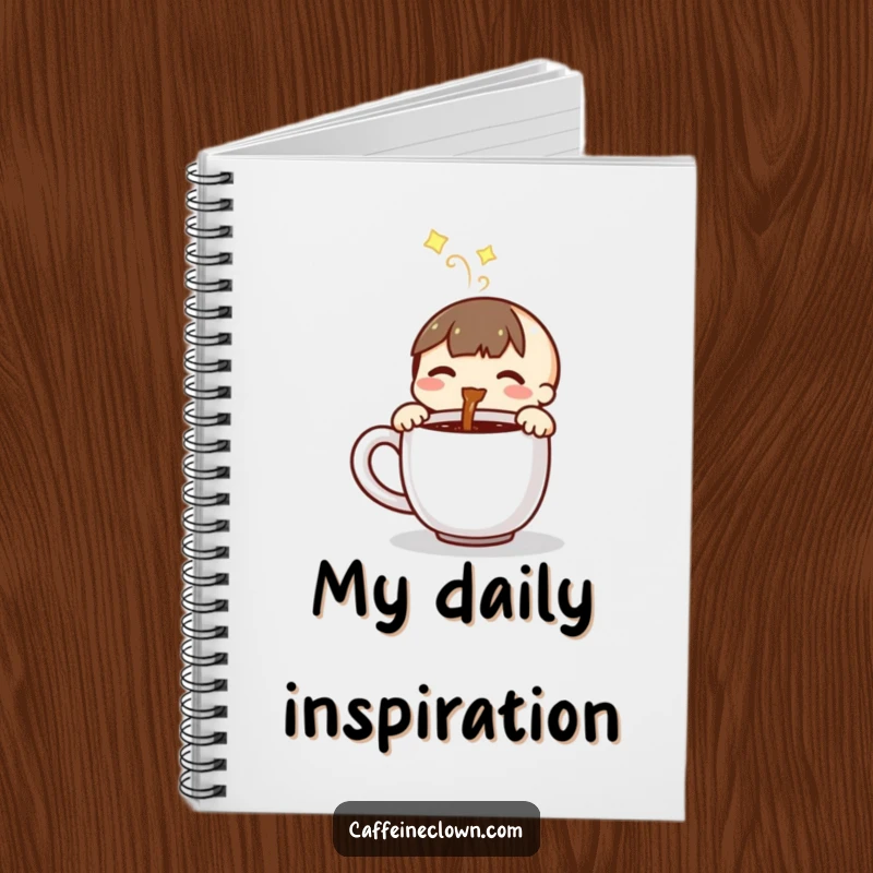 Funny notebook featuring a small character joyfully pouring steaming coffee into a mug, perfect for note-taking.
