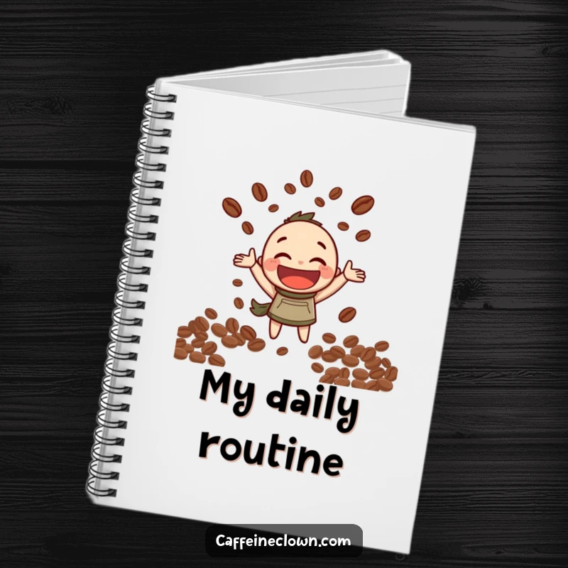 Funny Notebook: Character joyfully juggles coffee beans with a wide grin, inspiring creative coffee-related notes.