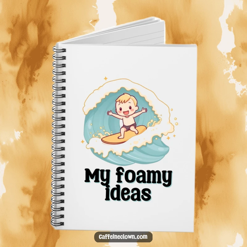 Funny adorable subject joyfully surfing a wave made of latte foam, on the cover of a notebook.