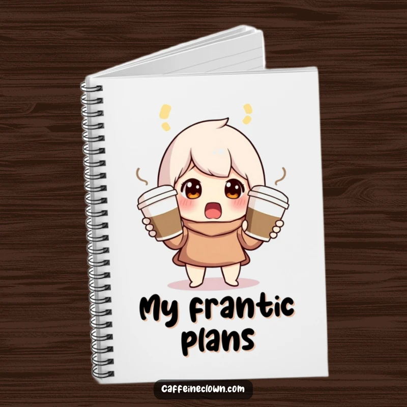 Funny notebook featuring a surprised character juggling three coffee cups, perfect for organizing busy schedules.