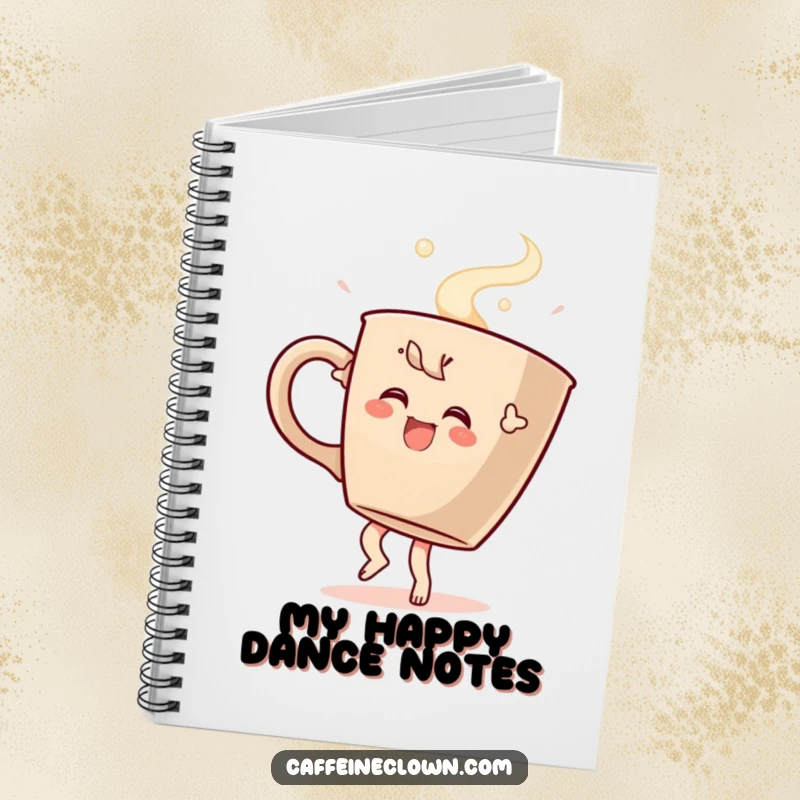 Funny notebook cover featuring a character dancing joyfully with a steaming coffee cup, great for jotting down notes with energy and humor.