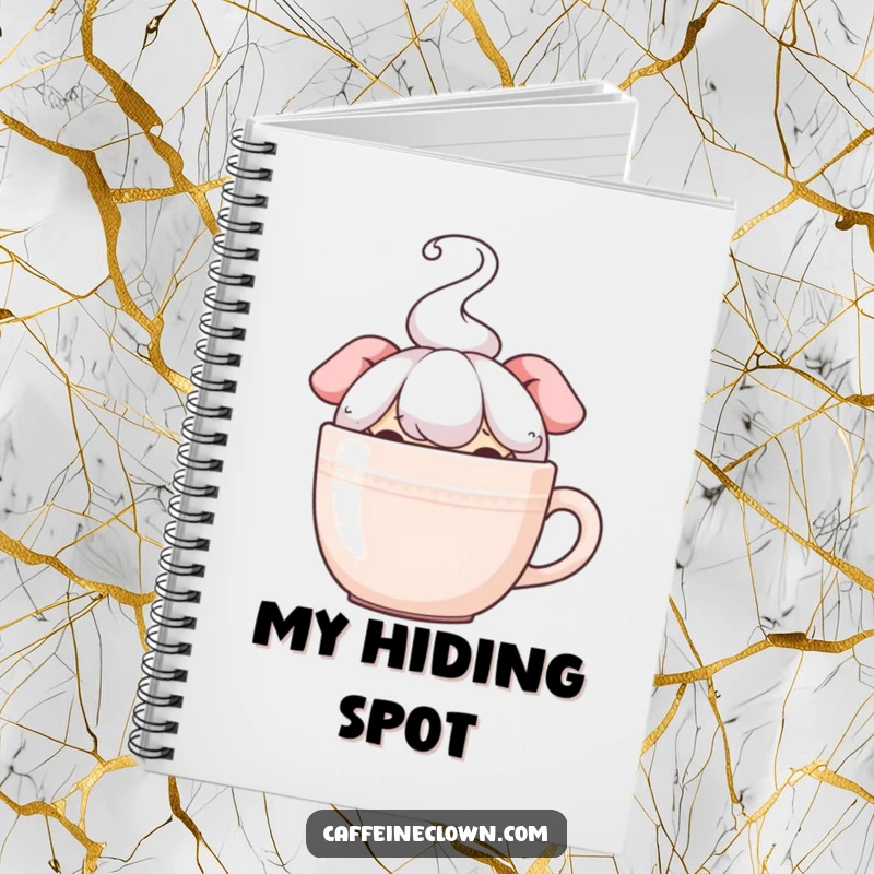 Funny notebook with a character peeking over a steaming coffee cup, encouraging creative writing and note-taking with a humorous, stealthy coffee vibe.