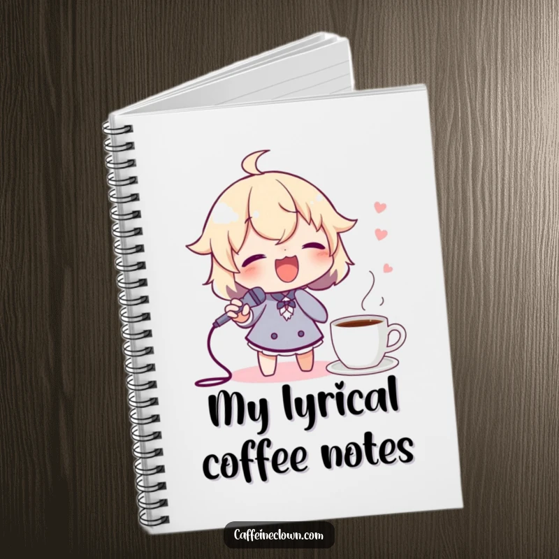 Funny notebook with a character singing joyfully into a spoon mic, coffee nearby, perfect for jotting down musical ideas.