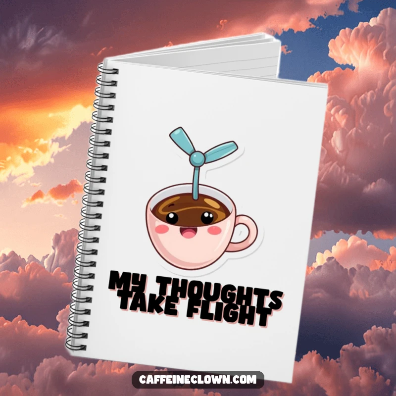 Funny flying coffee notebook cover with a cheerful coffee cup and a tiny propeller, airborne and whimsical, a humorous stationery item.