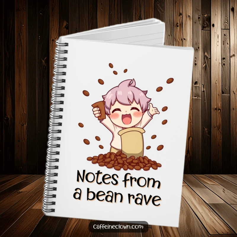 Funny notebook cover with a character enthusiastically shaking a coffee bag, scattering coffee beans with a look of pure, childish delight.