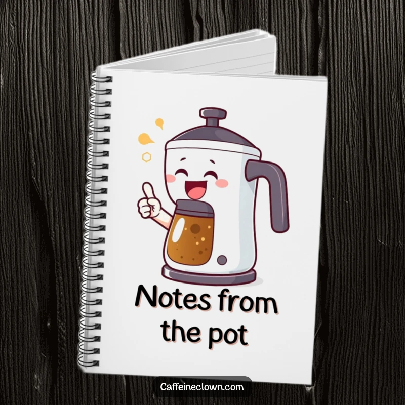 Funny notebook featuring a character pointing at a bubbling coffee pot, designed for capturing ideas and notes with a coffee-loving, energetic vibe.