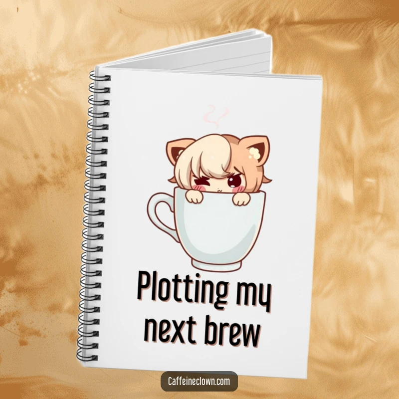 Funny notebook with a mischievous character peeking from behind a steaming coffee cup, perfect for secret notes.