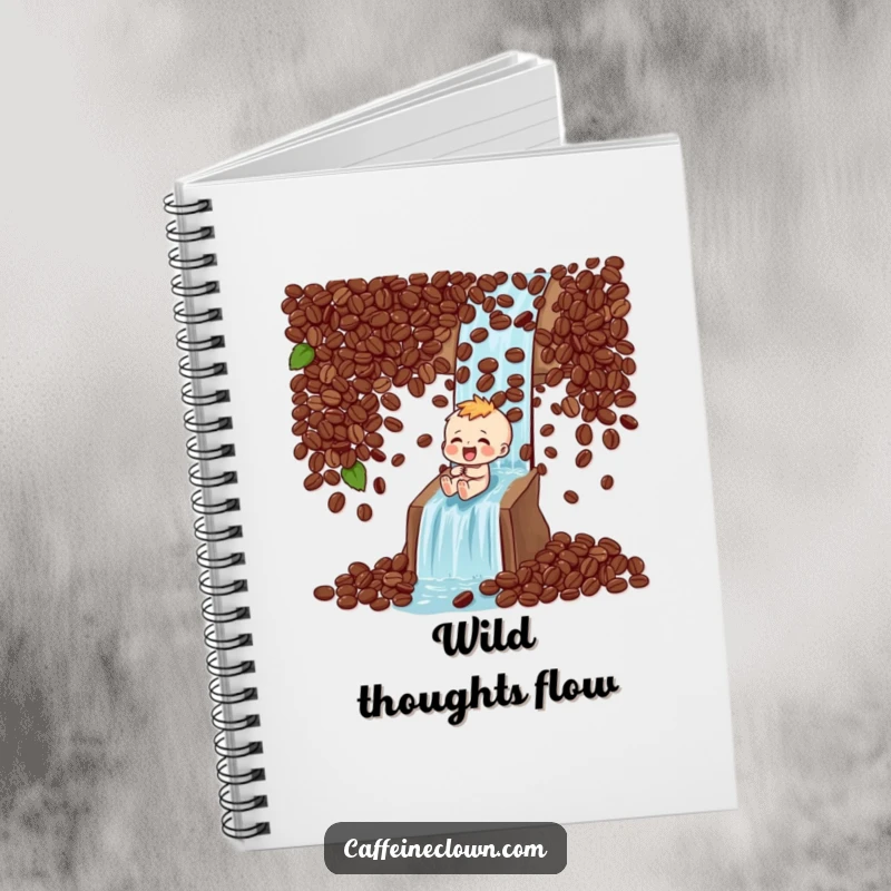 Funny Notebook: Character laughs while sliding down a coffee bean waterfall, inspiring thrilling and creative notes.