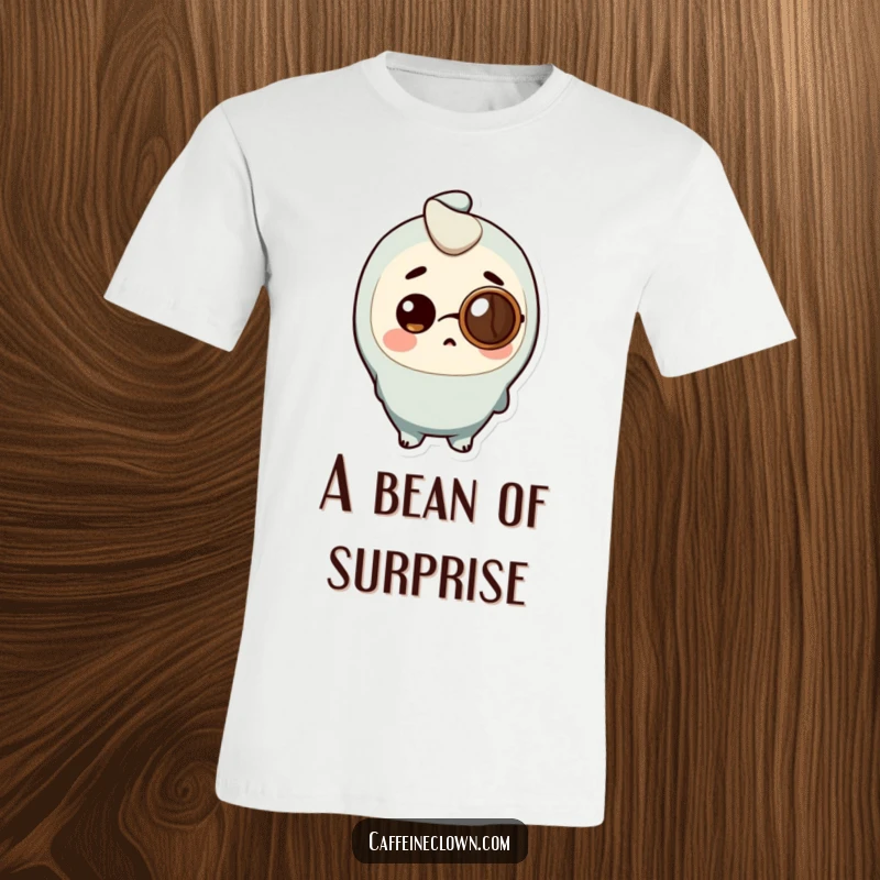 Funny T-Shirt depicting a character wearing a coffee bean for a monocle, with a look of pure surprise.