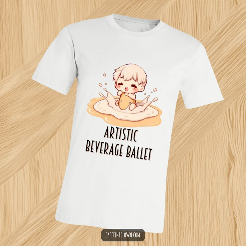 Funny t-shirt with a character joyfully splashing in a puddle of latte art, radiating happiness and a love for coffee.
