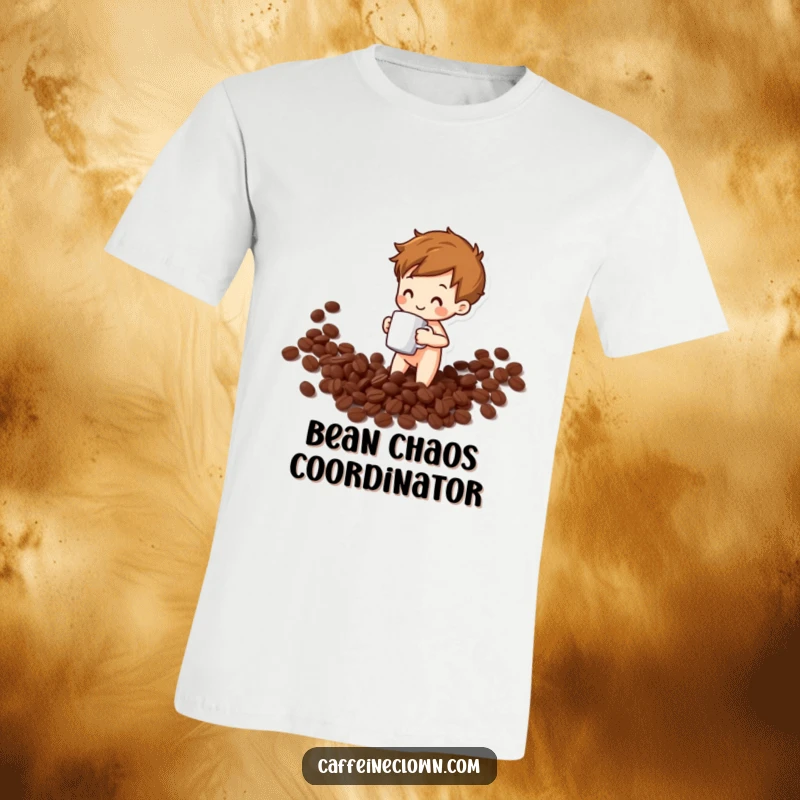 Funny t-shirt depicting a small figure gleefully spilling coffee beans from a mug, a humorous take on morning routines.
